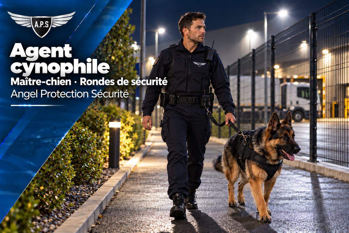 Agent cynophile en tenue sombre effectuant une ronde de nuit avec un berger allemand en harnais, le long de la clôture d'un site logistique
