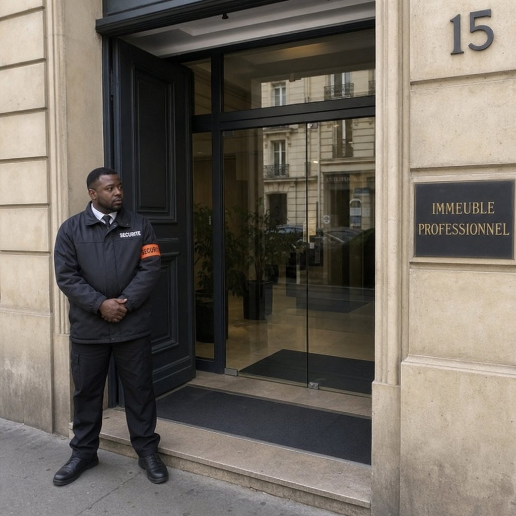Agent de gardiennage en poste à l’entrée d’un immeuble professionnel parisien
