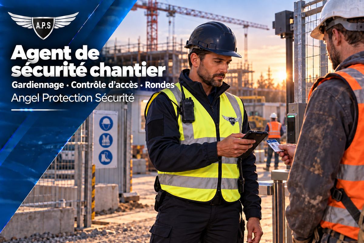 Agent de sécurité de chantier en gilet haute visibilité contrôlant la carte d'un compagnon à l'entrée d'un chantier, grue en arrière-plan