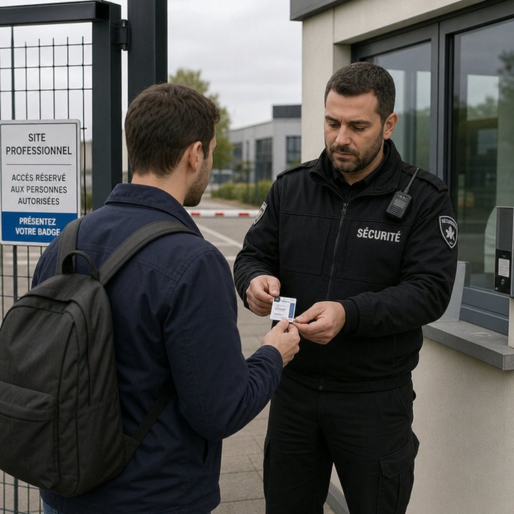 Agent de sécurité privée contrôlant le badge d’accès d’un visiteur à l’entrée d’un site professionnel