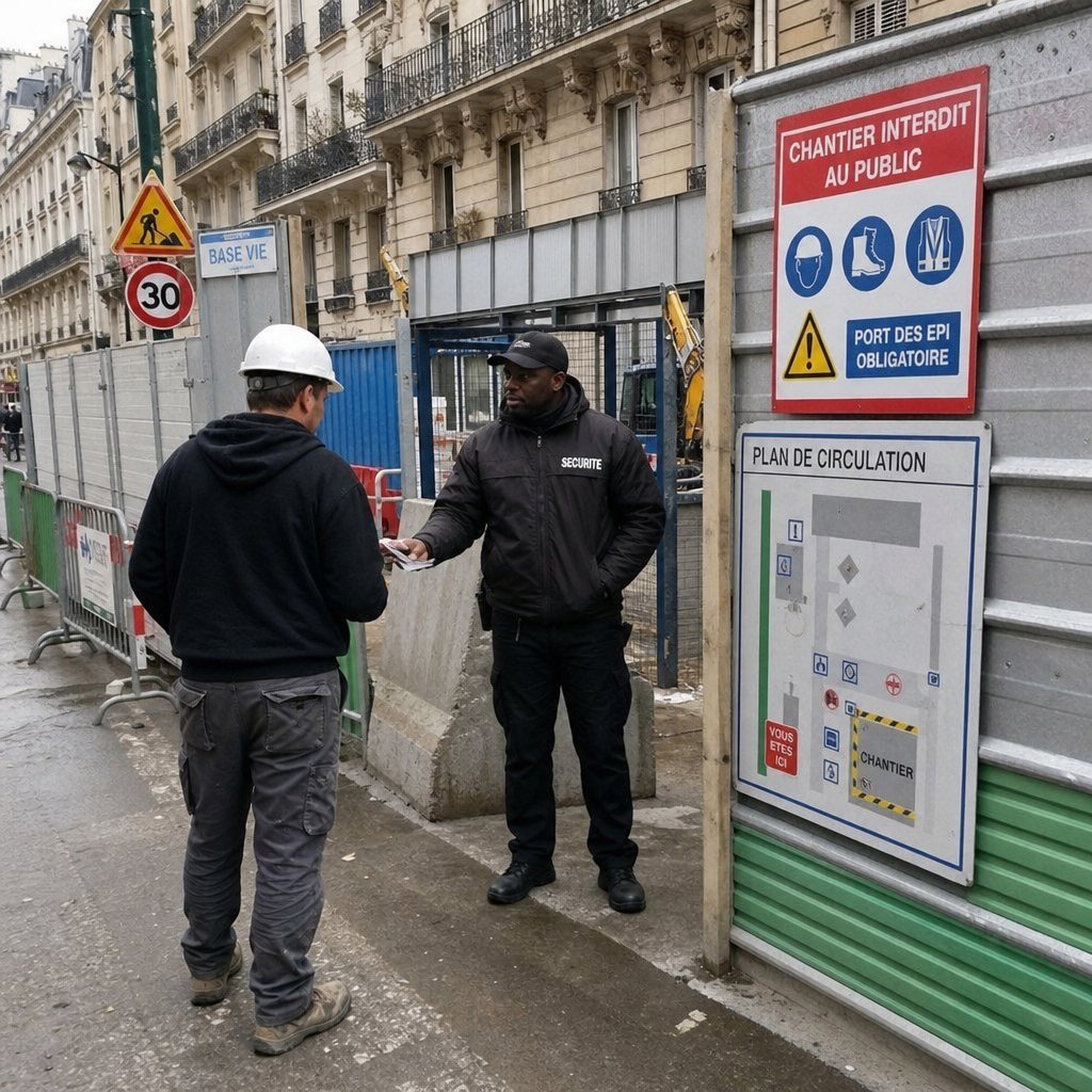 agent de sécurité contrôlant l’accès d’un chantier urbain à Paris