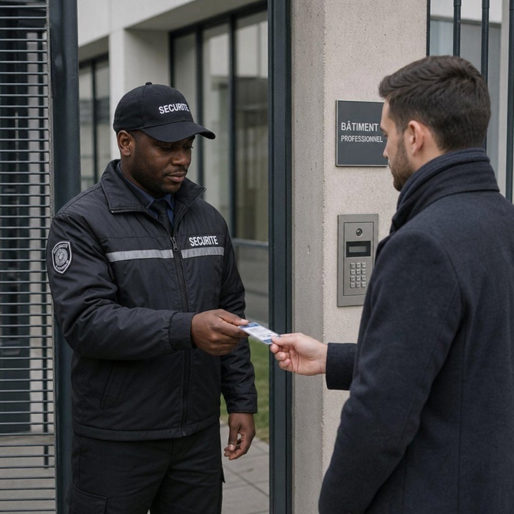 Agent de sécurité vérifiant le badge d’un visiteur à l’entrée d’un bâtiment professionnel