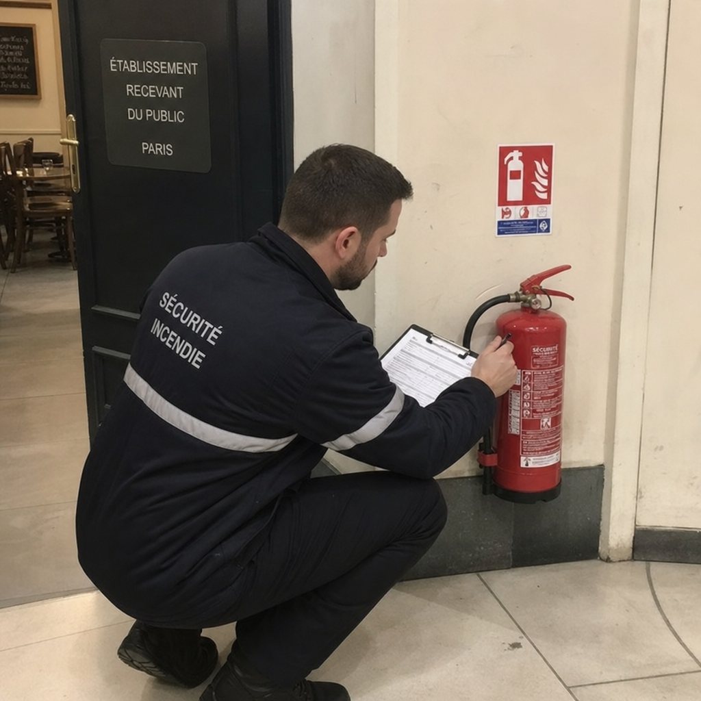 Agent de sécurité incendie vérifiant un extincteur dans un établissement recevant du public à Paris