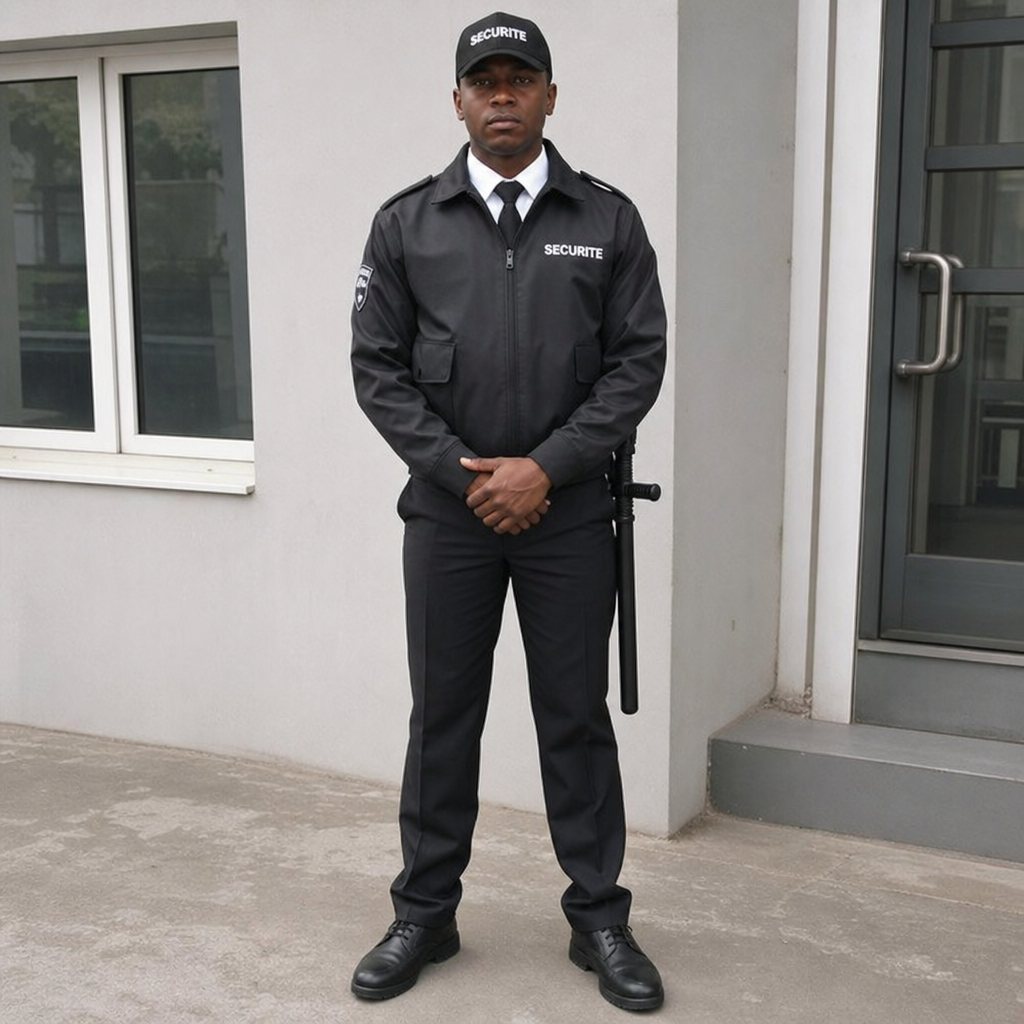 Agent de sécurité en tenue professionnelle complète devant l’entrée d’un bâtiment