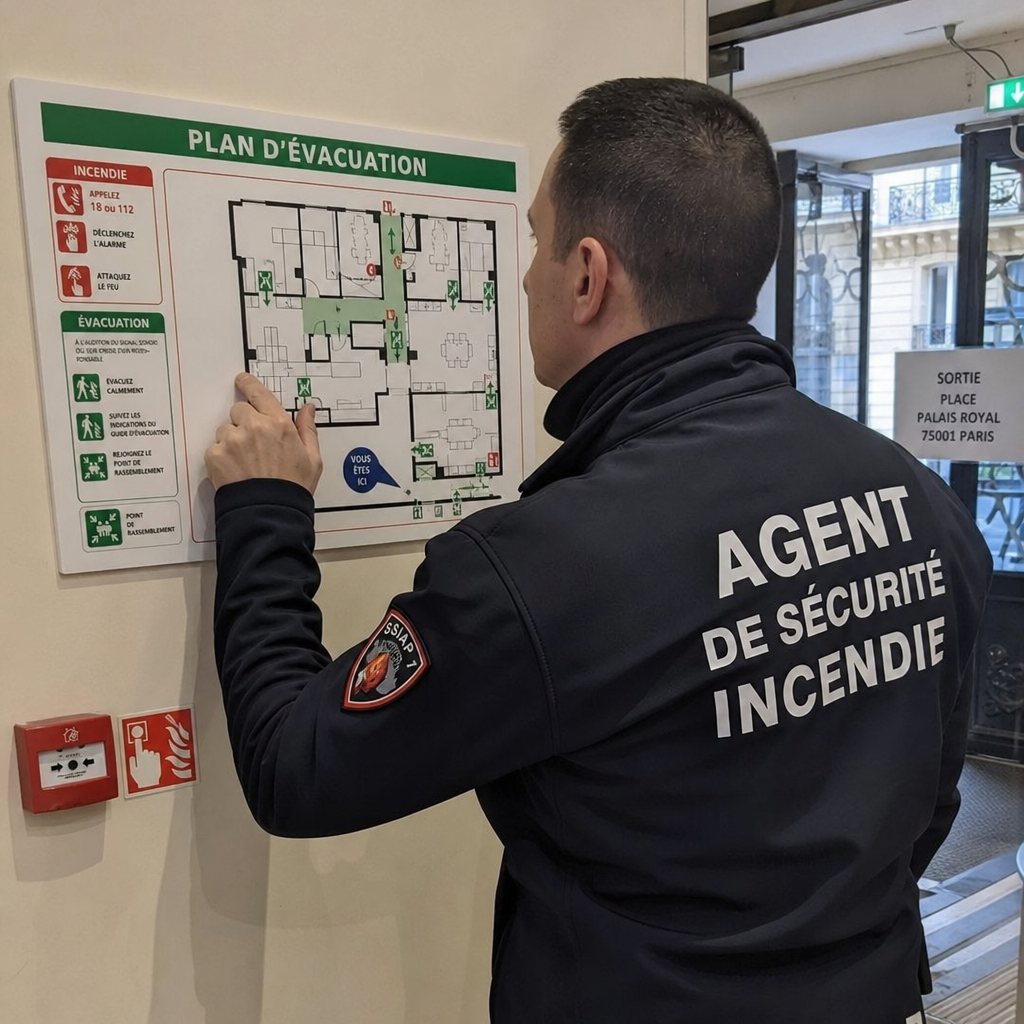 Agent SSIAP vérifiant le plan d’évacuation d’un établissement recevant du public à Paris