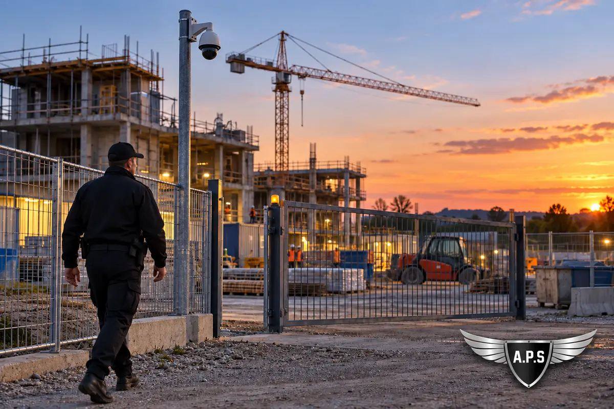 Agent de sécurité en ronde le long de la clôture d'un chantier au crépuscule, caméra de surveillance sur mât et grue en arrière-plan