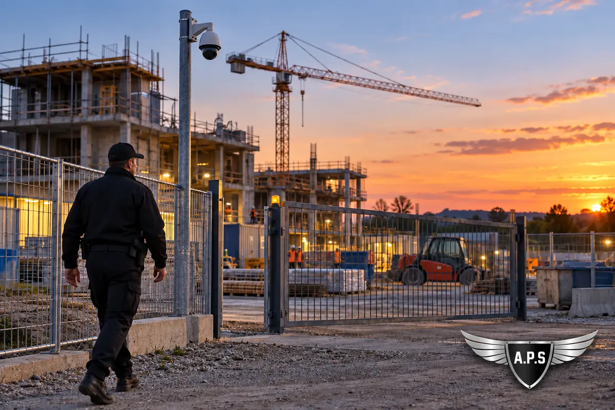 Agent de sécurité et caméra visibles à l'entrée d'un chantier au crépuscule