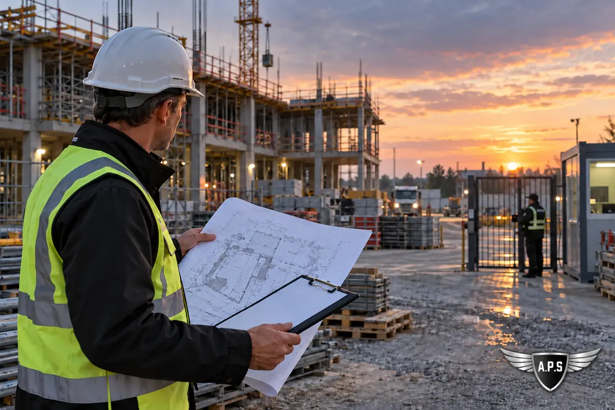 Responsable de chantier examinant le plan d'un site avant de définir les besoins de surveillance