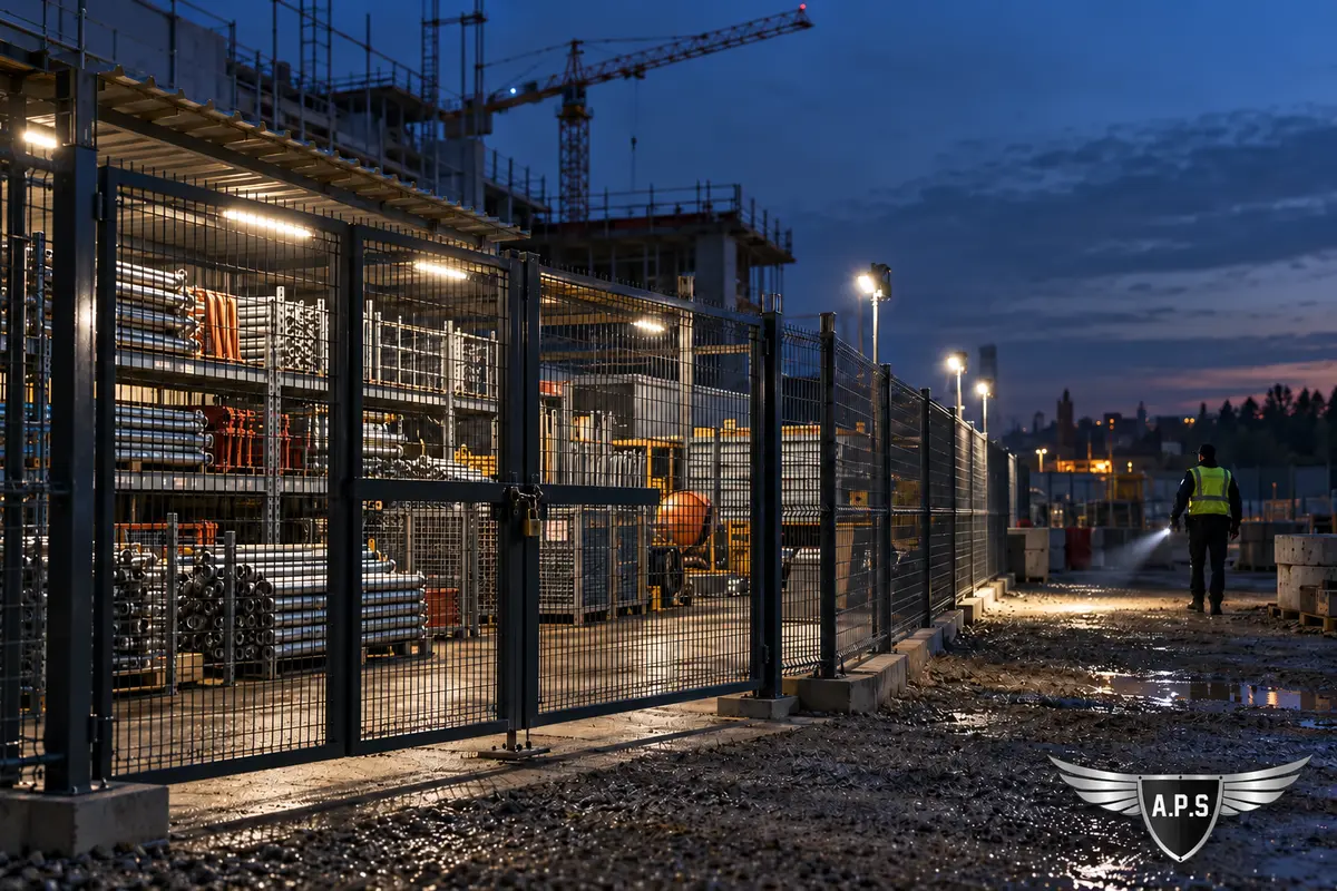 Zone de stockage clôturée et éclairée sur un chantier à la tombée de la nuit