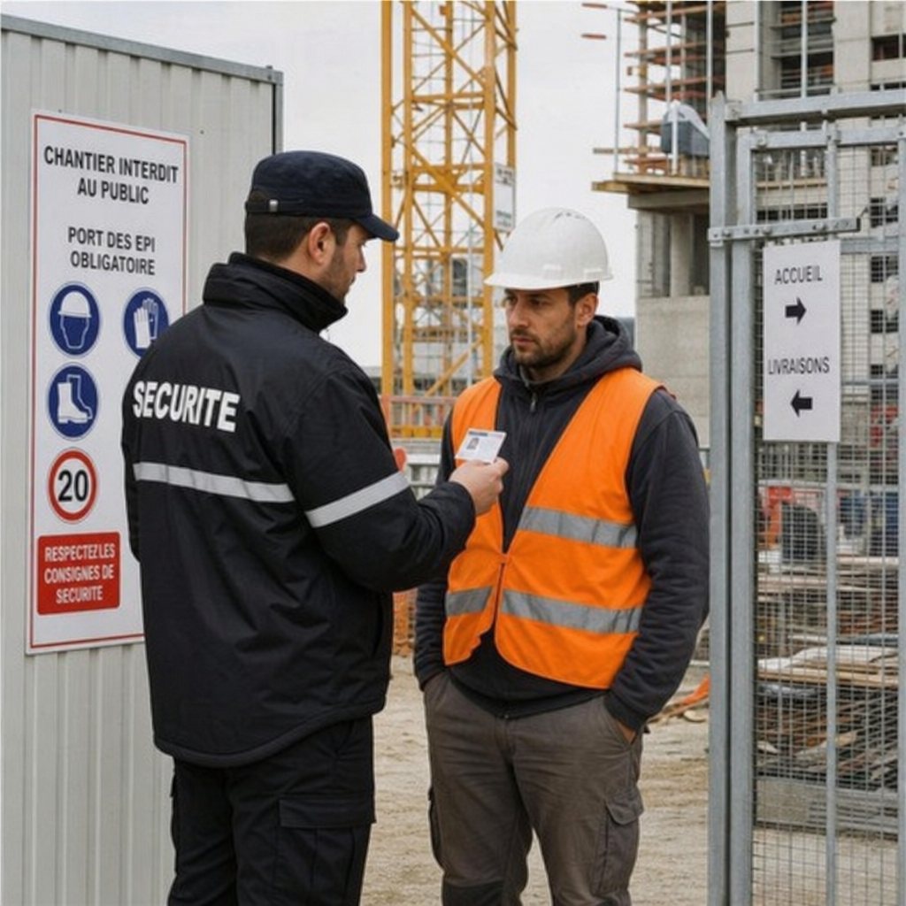 Agent de sécurité contrôlant l’accès d’un compagnon à l’entrée d’un chantier, devis gardiennage