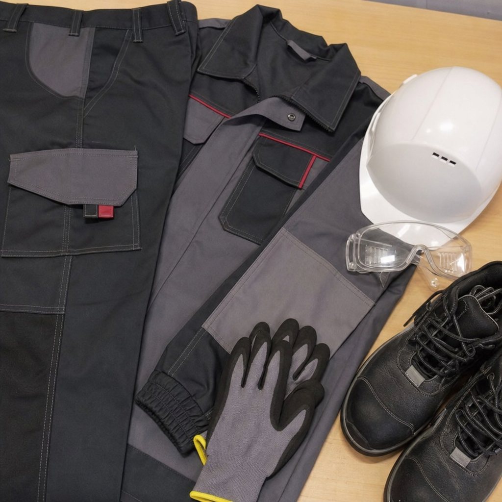 Pantalon, veste, gants, casque et chaussures de sécurité disposés avant une prise de poste