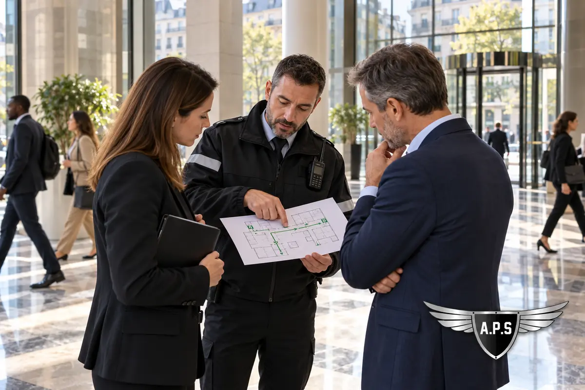 Responsable sécurité présente un plan d'exercice à deux représentants d'une tour de bureaux