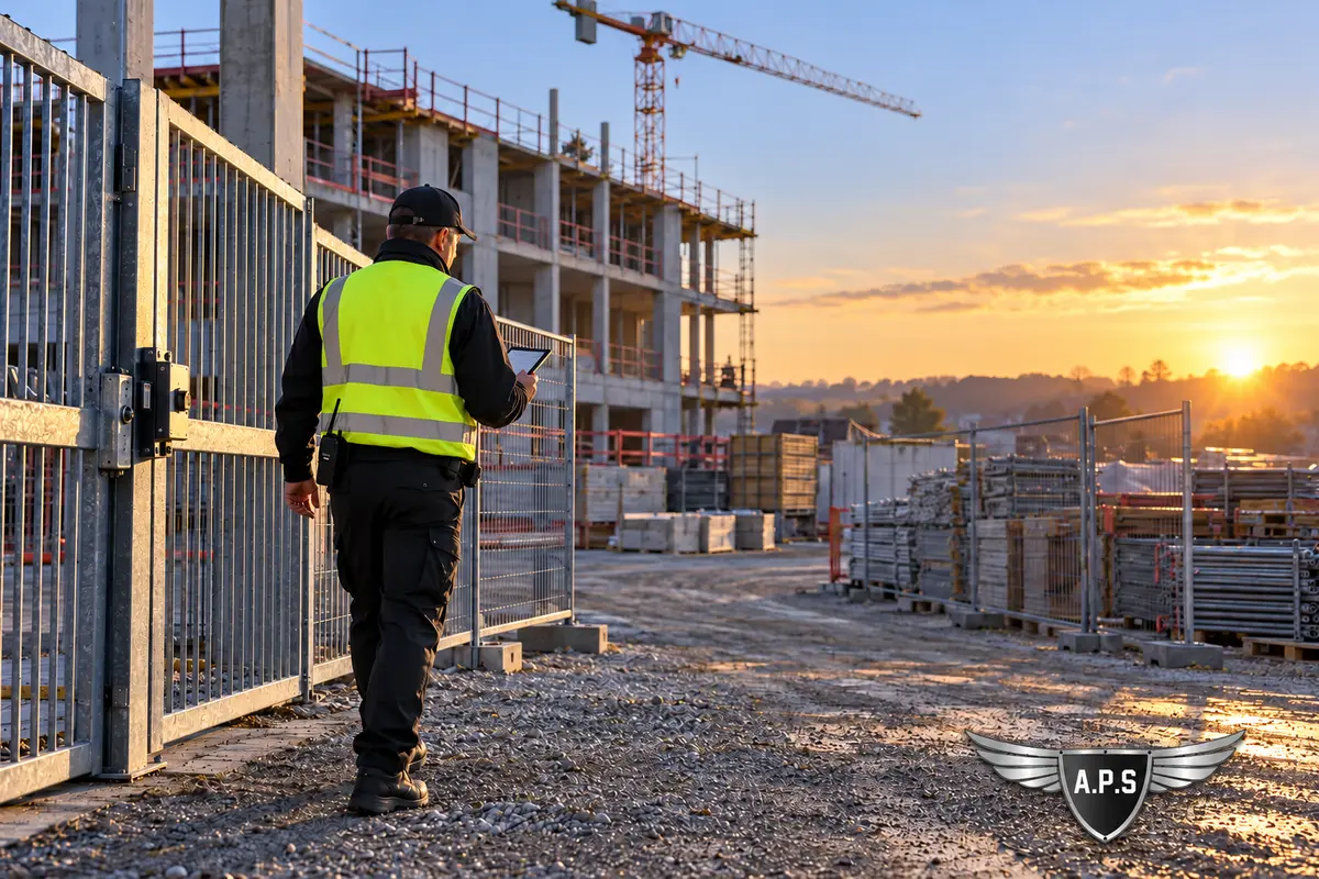 Agent effectuant une ronde près du portail et des zones de stockage d'un chantier