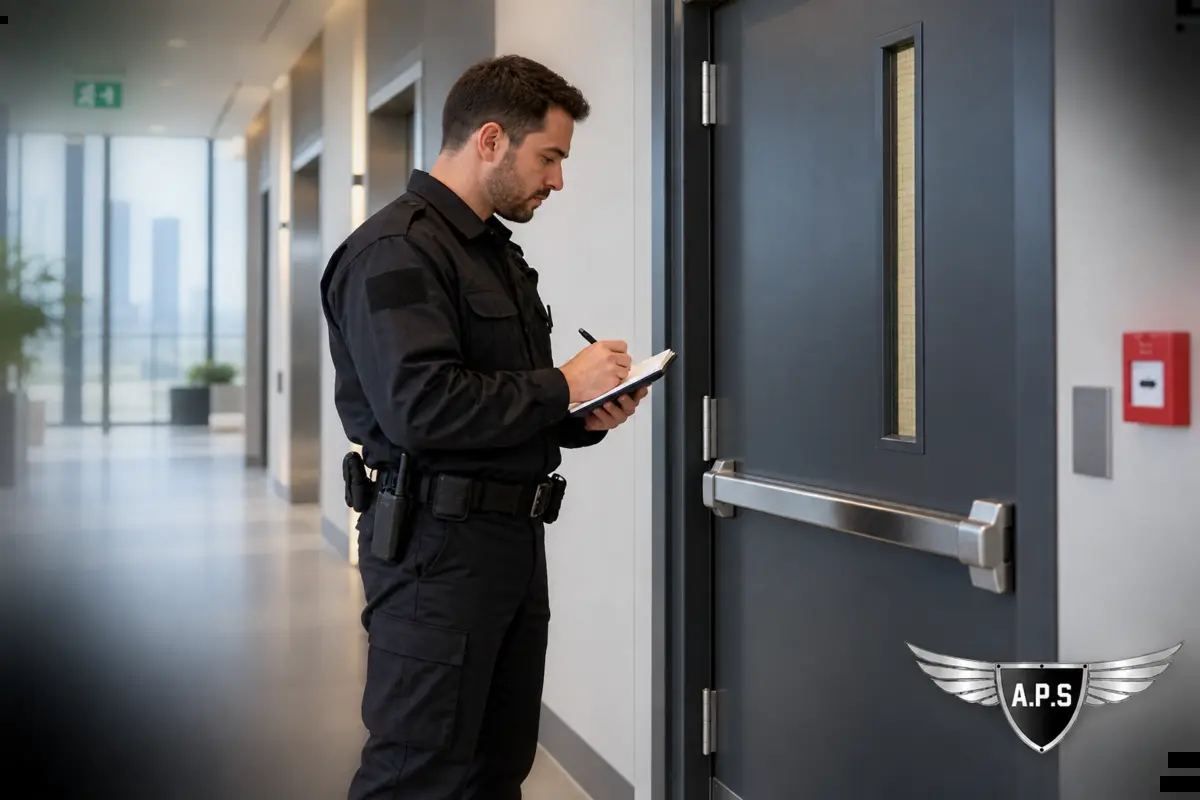 Agent de sécurité en tenue noire notant un constat dans son carnet devant une porte de circulation d'un couloir de tour de bureaux