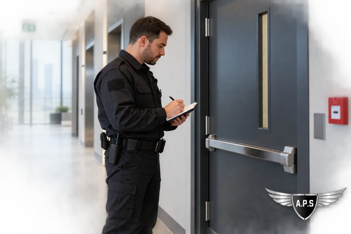 Agent note un constat près d'une porte de circulation dans une tour de bureaux