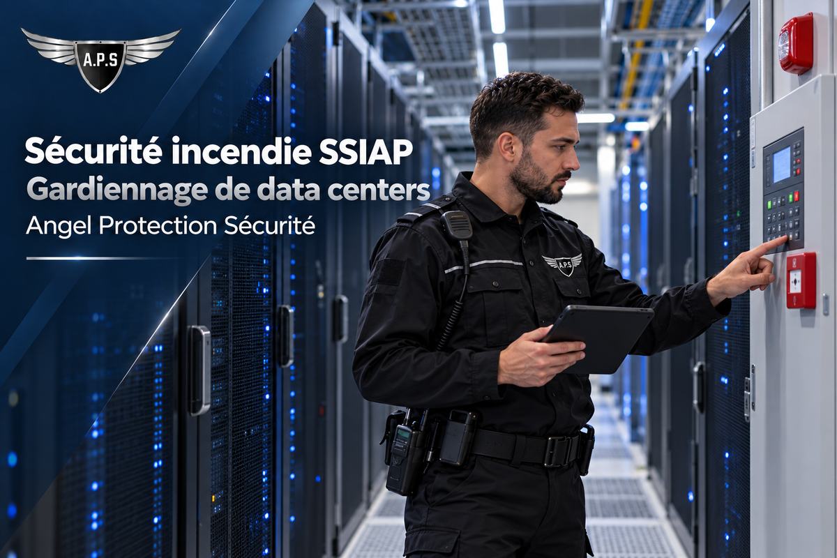 Agent de sécurité vérifiant un tableau d'alarme dans une allée de baies informatiques d'un data center