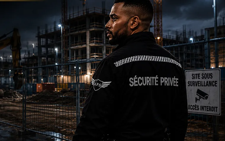 Agent de sécurité en ronde de nuit devant un chantier de construction clôturé, grues et panneau « site sous surveillance »
