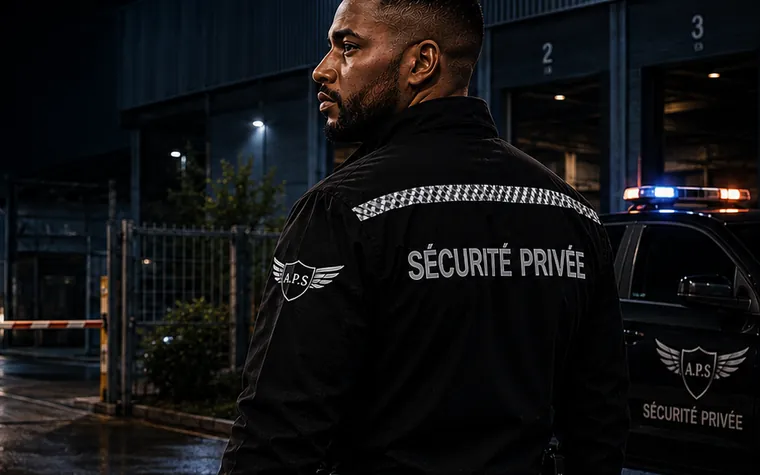 Agent de sécurité en surveillance de nuit devant l’entrée d’un site industriel, véhicule d’intervention à l’arrière-plan