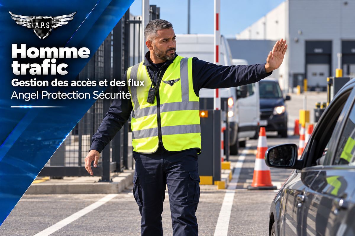 Homme trafic en gilet haute visibilité faisant signe à un véhicule de s'arrêter à une barrière d'accès, devant une file de camionnettes