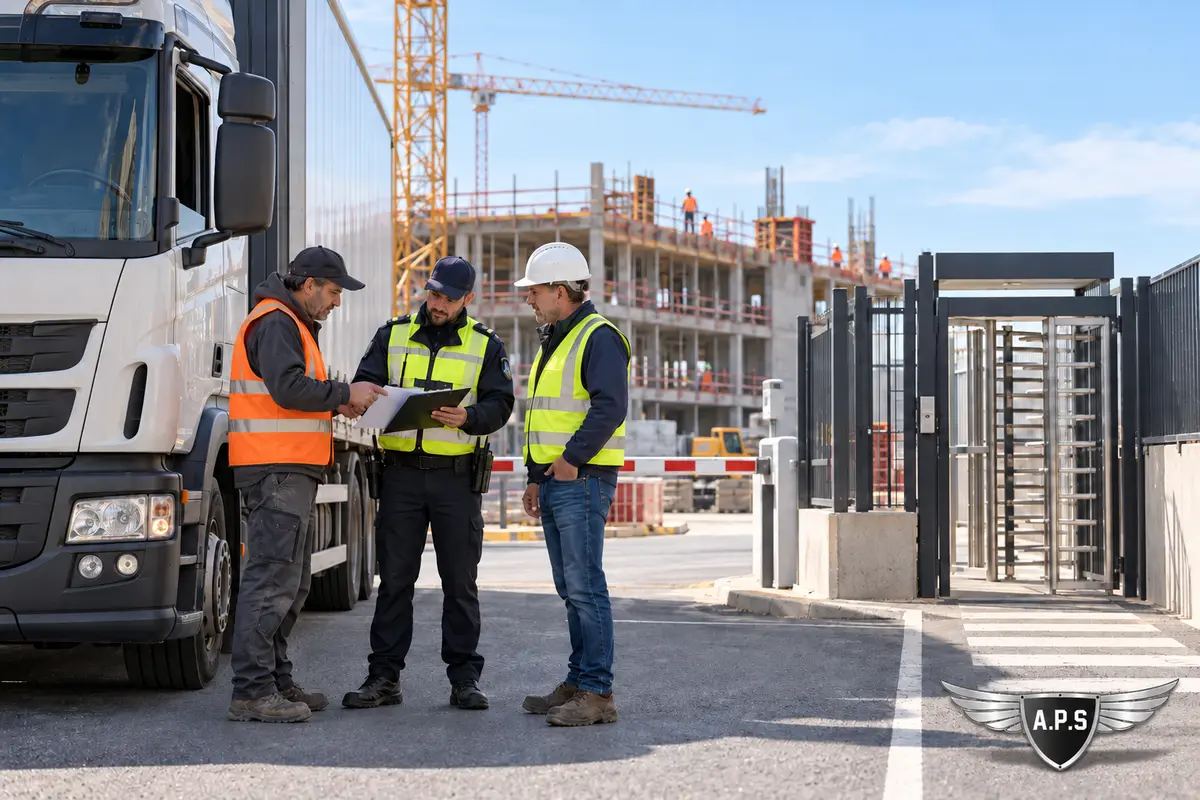 Agent de sécurité contrôlant les documents d'un chauffeur de poids lourd à l'entrée d'un chantier, devant le tourniquet d'accès