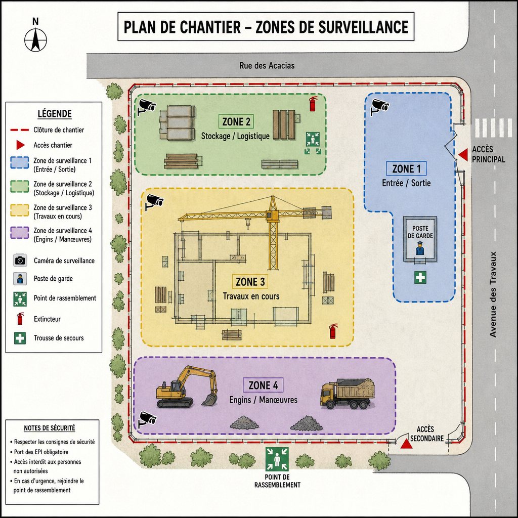 Plan de chantier détaillant les quatre zones de surveillance, les accès et le poste de garde