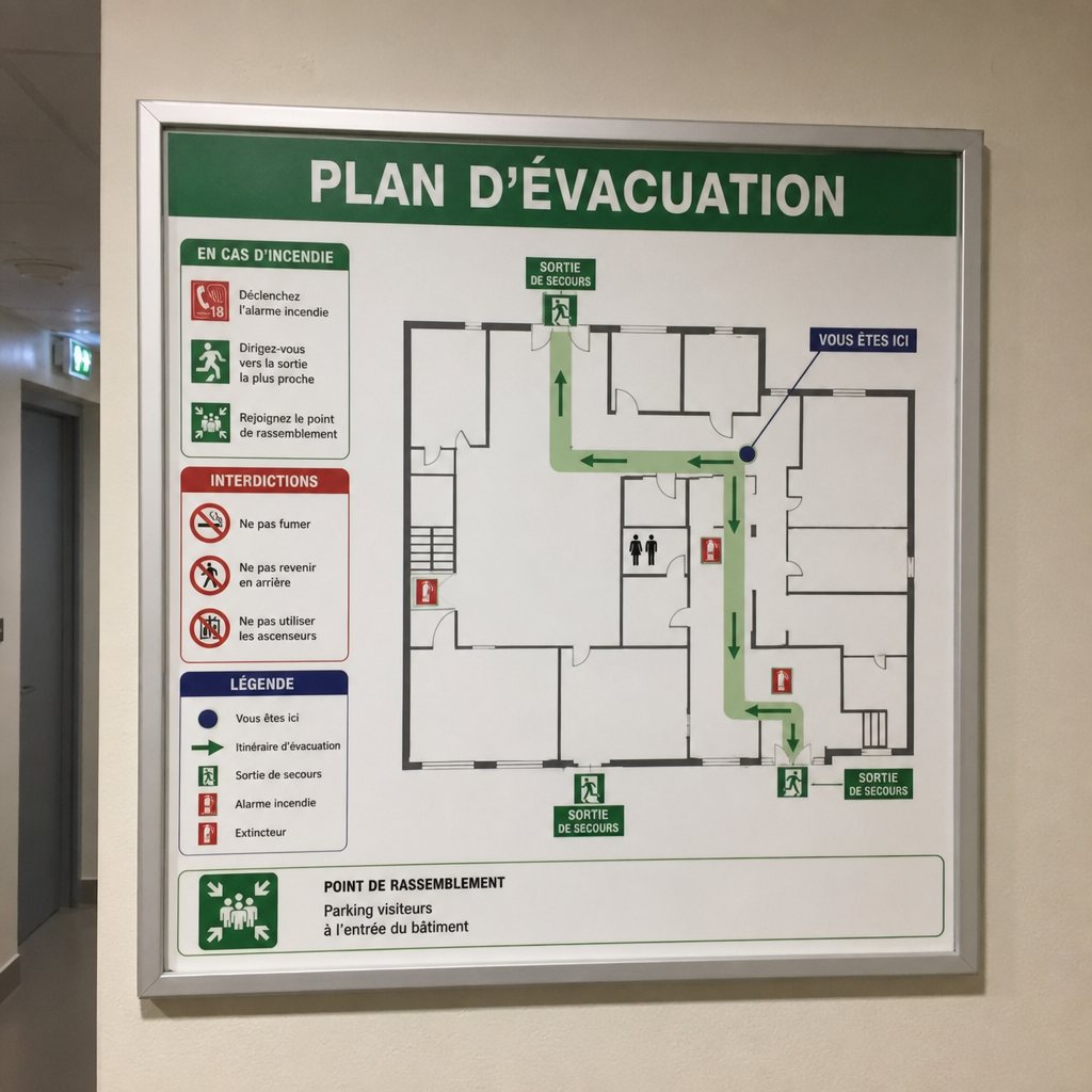 Plan d’évacuation incendie affiché dans un couloir d’ERP, avec itinéraire, sorties de secours et point de rassemblement
