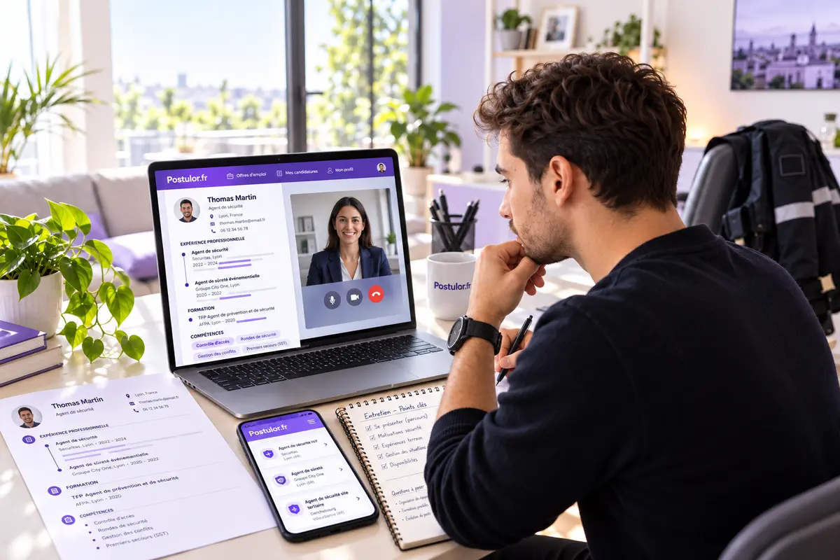Un candidat aux métiers de la sécurité prépare son CV et un entretien vidéo sur un ordinateur aux accents violets.