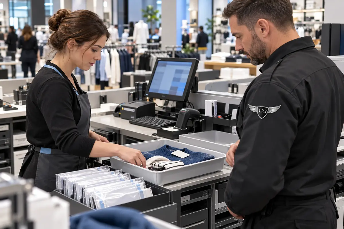 Employée et professionnel de la sécurité examinent les flux de produits derrière la caisse ; logo A.P.S. sur la tenue.