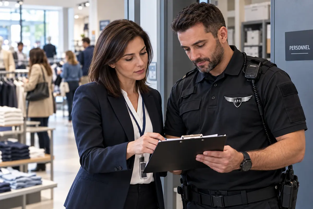 Responsable de magasin et agent de sécurité A.P.S. consultent discrètement un compte rendu dans l'espace réservé au personnel.