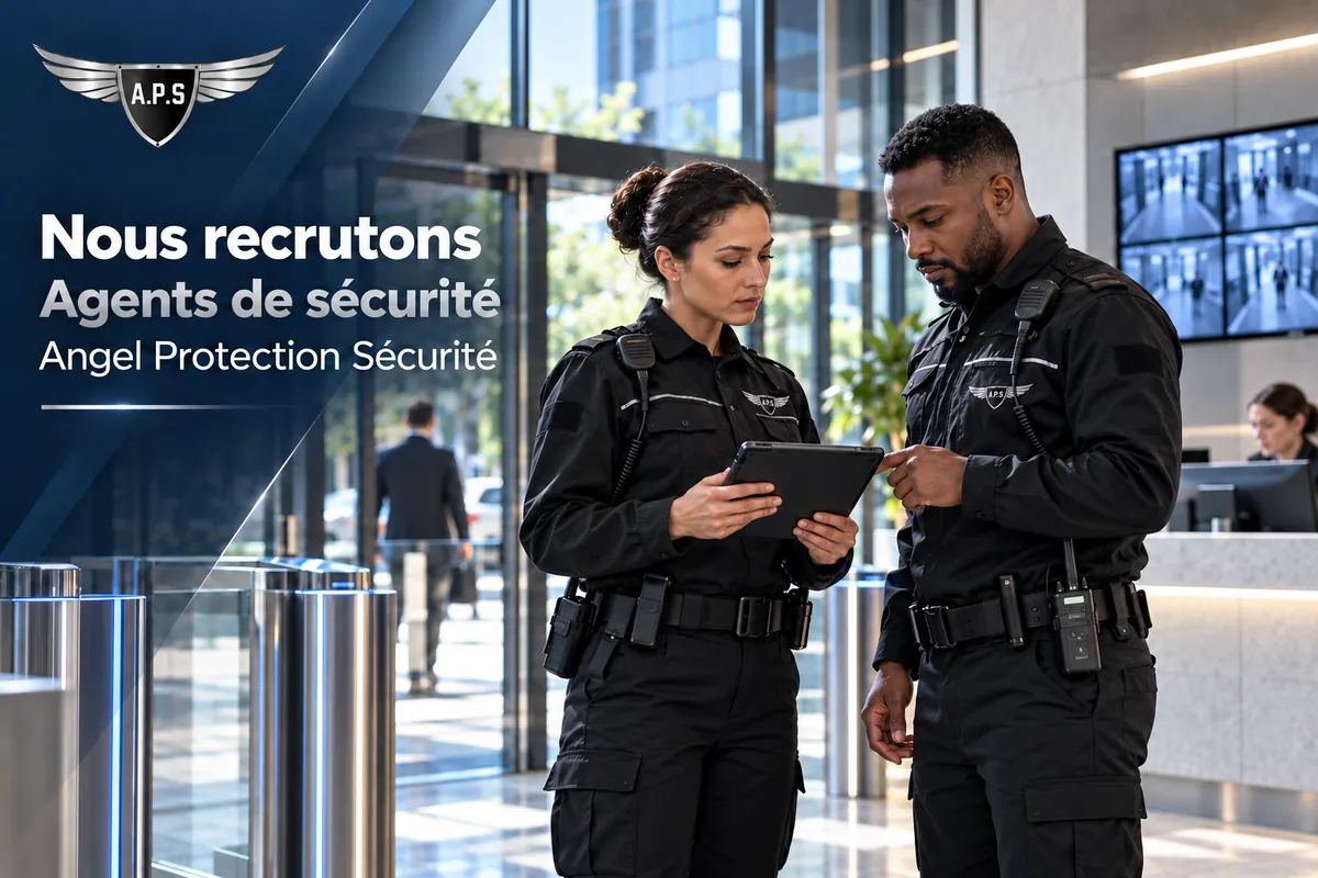 Deux agents de sécurité en uniforme noir consultant une tablette dans le hall d'un immeuble de bureaux, près des portiques d'accès