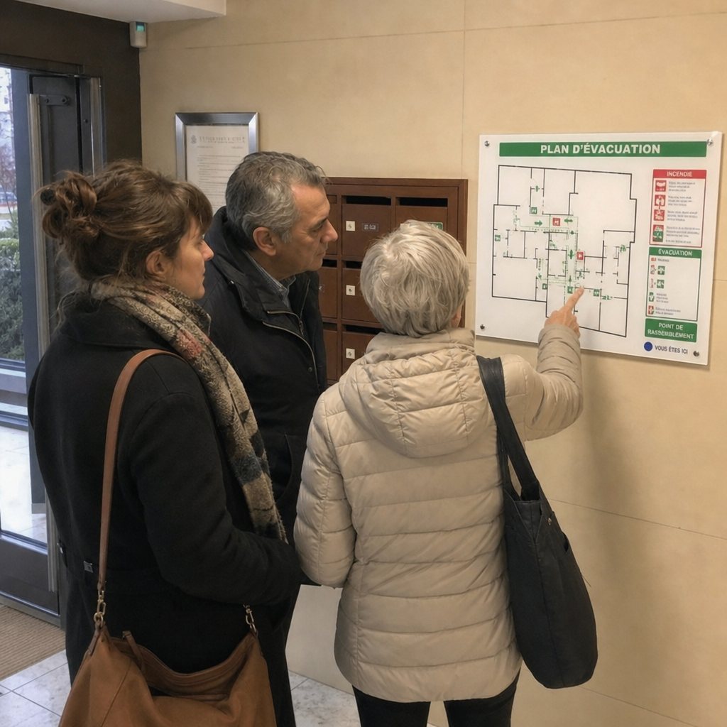 Trois résidents consultant le plan d’évacuation affiché dans le hall de leur copropriété