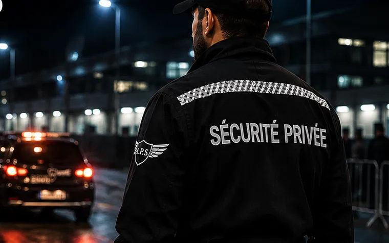 Agent de sécurité en ronde de nuit, lampe torche à la main, véhicule d’intervention gyrophares allumés