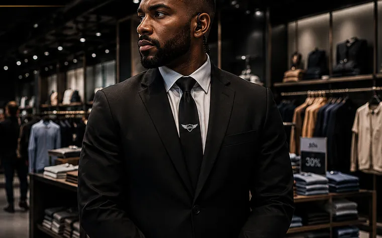 Agent de sécurité en costume à l’accueil d’une boutique de prêt-à-porter, en surveillance discrète de la surface de vente