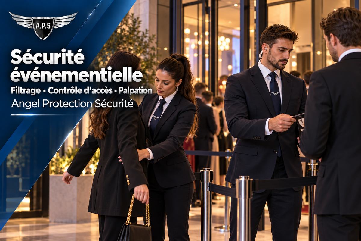 Agents de sécurité en costume au filtrage d'un événement : palpation par une agente et contrôle d'une invitation devant la file d'invités