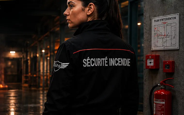 Agent de sécurité incendie devant un plan d’intervention et un extincteur, sortie de secours signalée