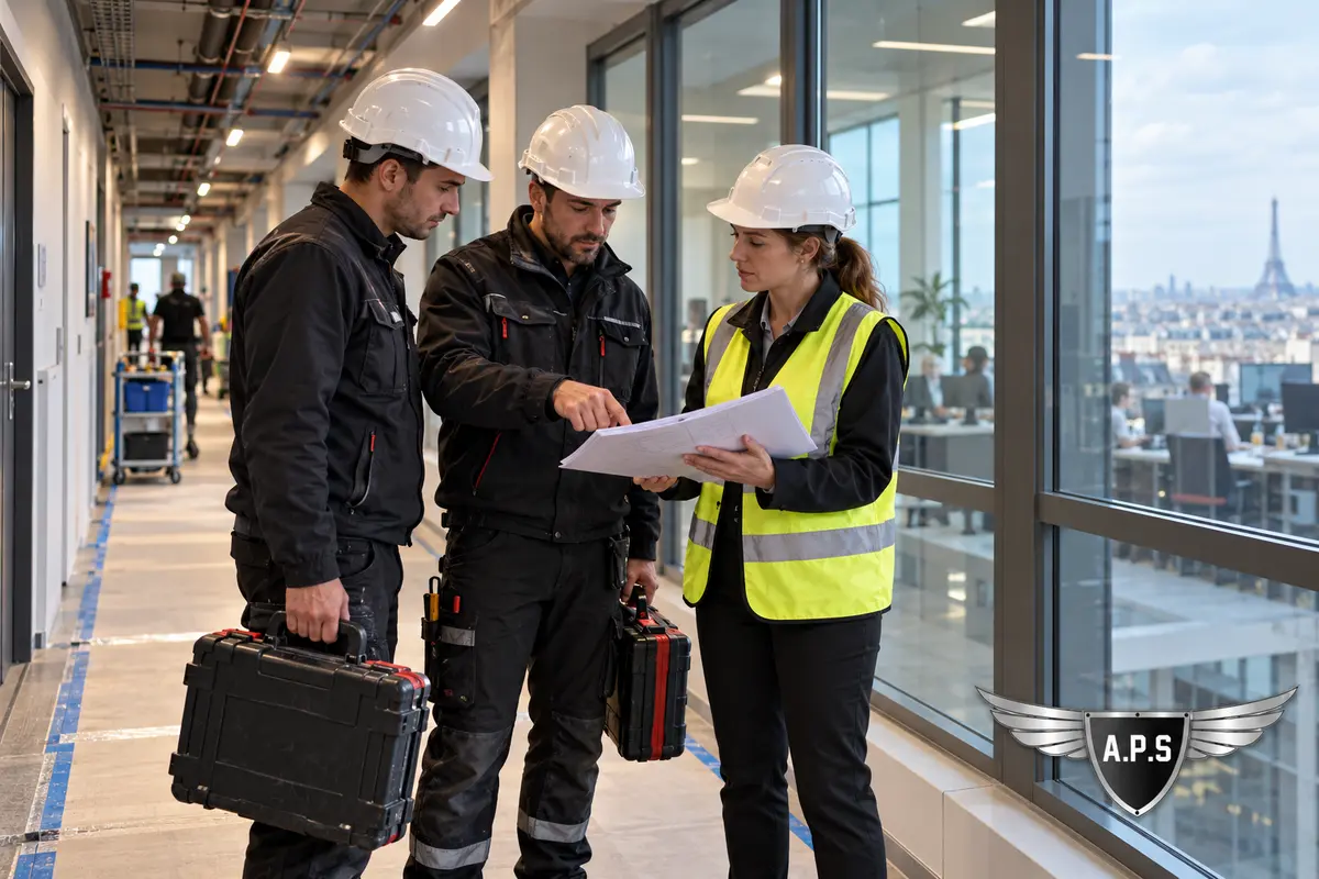 Techniciens et responsable sécurité examinent un plan avant des travaux dans une tour occupée